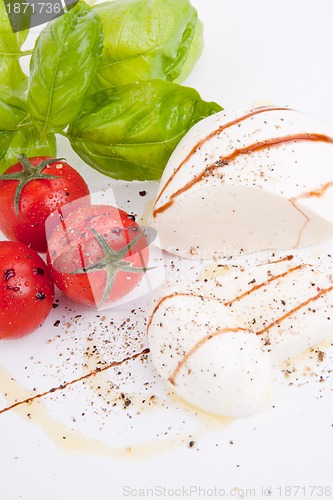 Image of tasty tomatoe mozzarella salad with basil on white 