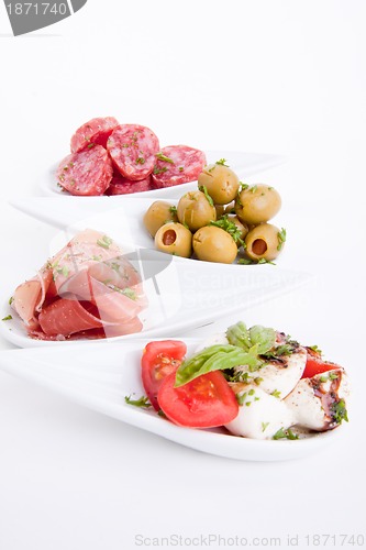 Image of deliscious antipasti plate with parma parmesan and olives