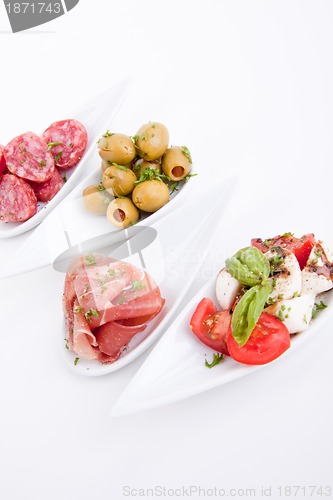 Image of deliscious antipasti plate with parma parmesan and olives