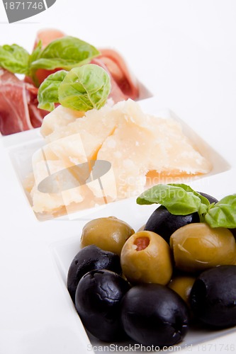Image of deliscious antipasti plate with parma parmesan and olives