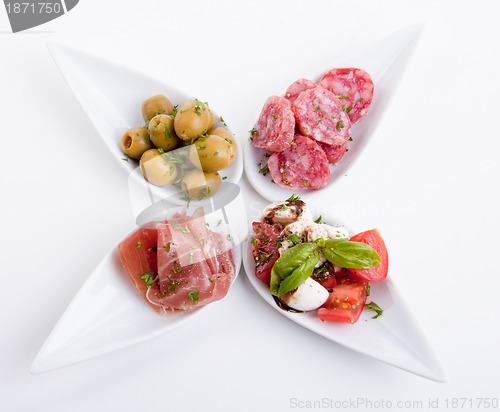 Image of deliscious antipasti plate with parma parmesan and olives