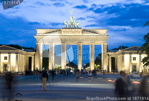 Image of night scene Brandenburg Gate  with lights Berlin Germany Europe