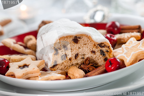 Image of Christmas stollen with cookies and gingerbread