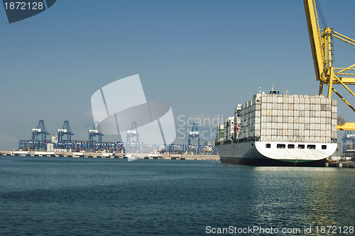 Image of Freighter in port being loaded with containers