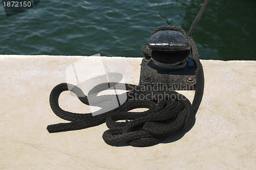 Image of Close-up of mooring bollard in marina