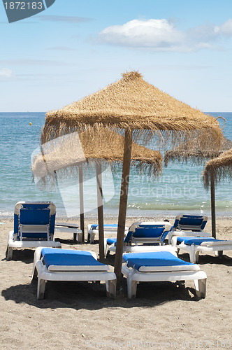 Image of Straw beach umbrellas and sunbeds