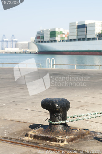 Image of Ship moored to pier, view from the bollard