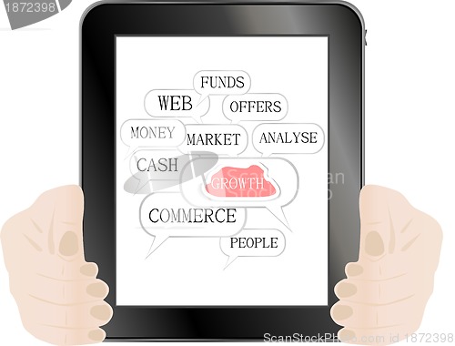 Image of Human hand with tablet pc - growing graph, business