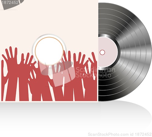 Image of Vinyl disc cover in many human hands. Vector