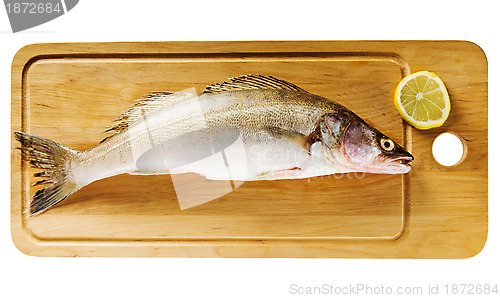 Image of Pike perch on a wooden kitchen board, it is isolated on white