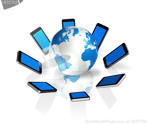 Image of mobile phones around a world globe