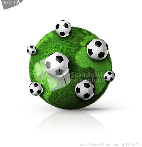 Image of green grass world globe with soccer balls