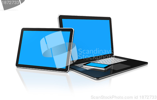 Image of laptop, mobile phone and digital tablet pc computer