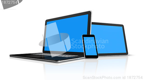 Image of laptop, mobile phone and digital tablet pc computer