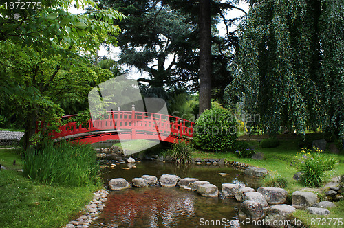 Image of Red bridge in a japanese garden