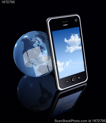 Image of 3D mobile phone and earth globe