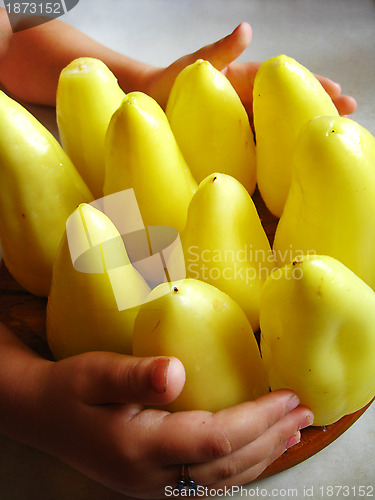 Image of Hands embracing yellow pepper