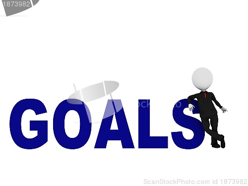 Image of 3d man standing at GOALS word on white background 