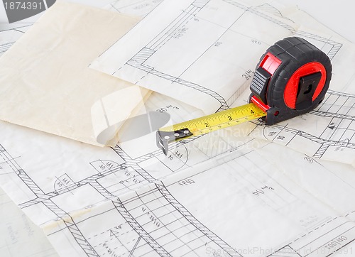 Image of Architectural plans of the old paper and measuring tape