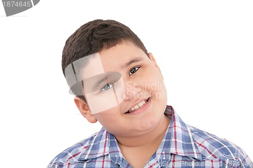 Image of Portrait of happy little boy over white background 