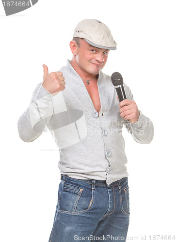 Image of Man in a Cap with a Microphone shows Thumb-up