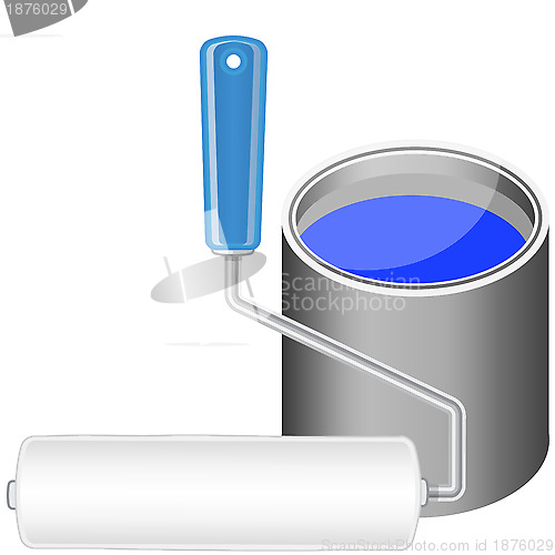 Image of Paint roller and bucket with blue paint