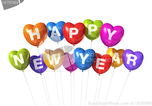Image of colored happy new year heart shaped balloons