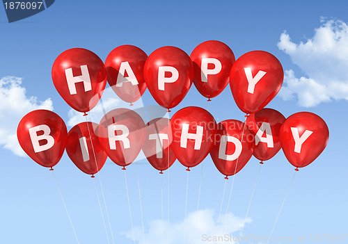 Image of Red Happy Birthday balloons in the sky