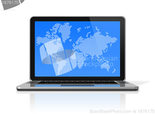 Image of black Laptop computer isolated on white with worldmap on screen