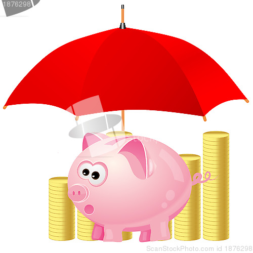 Image of piggy-bank and money under red umbrella 