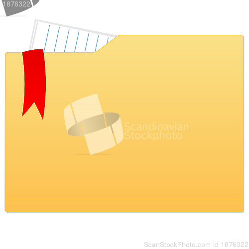 Image of file folder with paper and red ribbon on white background