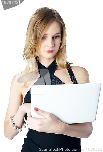 Image of Attractive blonde girl with laptop