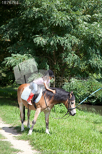 Image of Little girl petting a horse while horseback riding