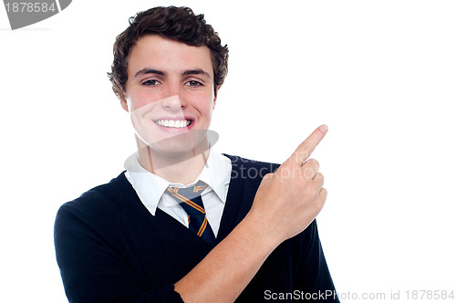 Image of Cheerful schoolboy pointing at copy space area
