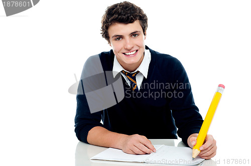 Image of Smiling attractive youngster kid studying