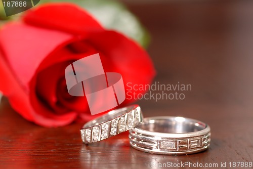 Image of Two wedding rings with a red rose on a table