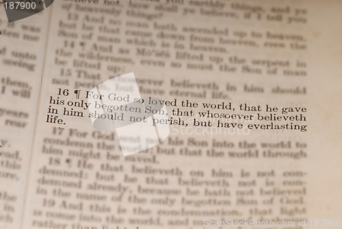 Image of Old bible showing the biblical verse of John 3:16