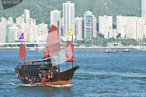 Image of Junk boat in harbour of Hong Kong