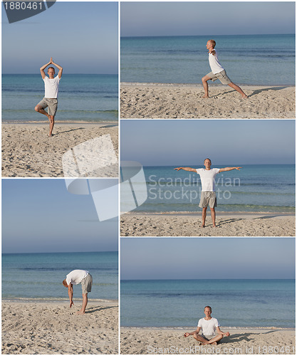 Image of Man makes yoga sports on the beach collage