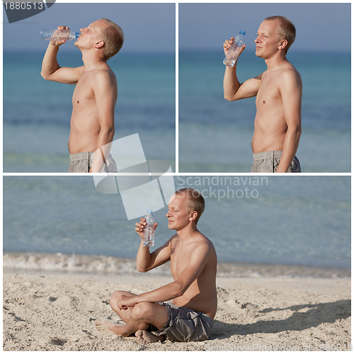 Image of Man drinking water from a bottle on the beach collage