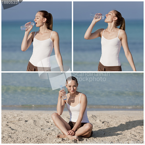 Image of Woman drinking water from a bottle on the beach collage