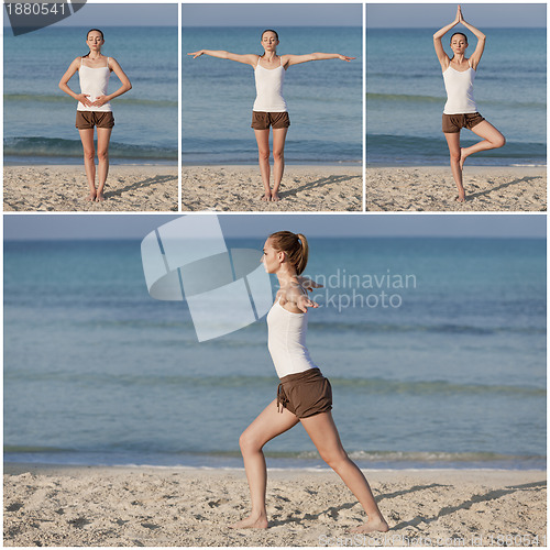 Image of Woman doing yoga on the beach sports collage