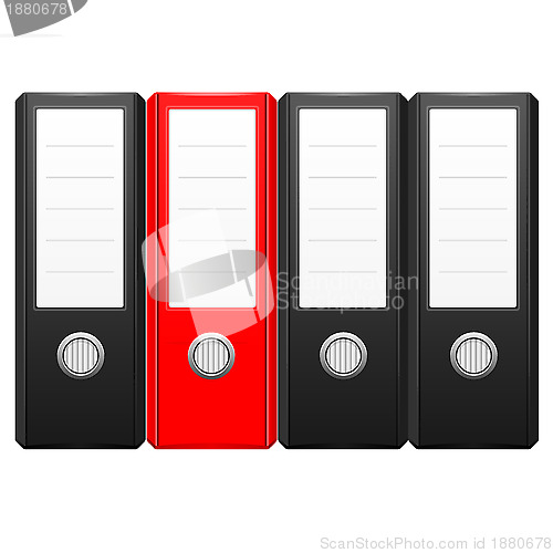 Image of row of black binder folders with one red folder