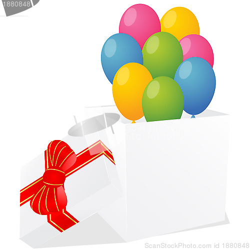 Image of white gift box with red and gold ribbon bow and balloons