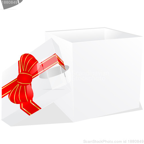 Image of white gift box with red and gold ribbon bow 