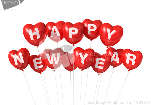 Image of red happy new year heart shaped balloons