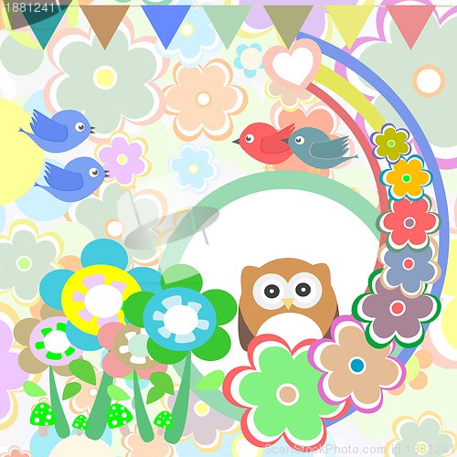 Image of Background with owl, flowers, birds and trees