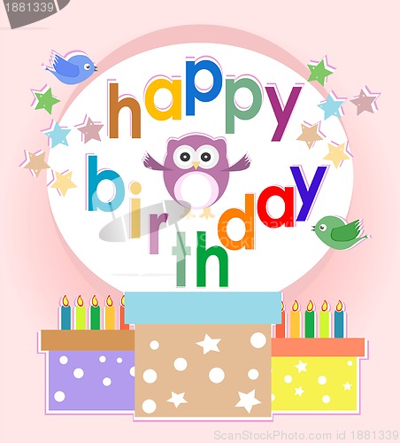 Image of birthday party elements with cute owls and birds