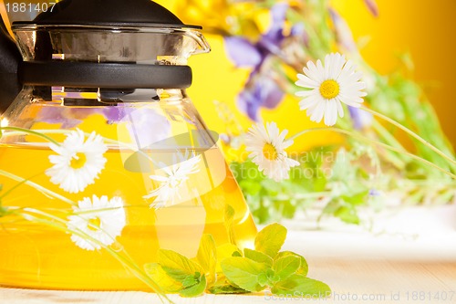 Image of hot teapot with chamomile flowers