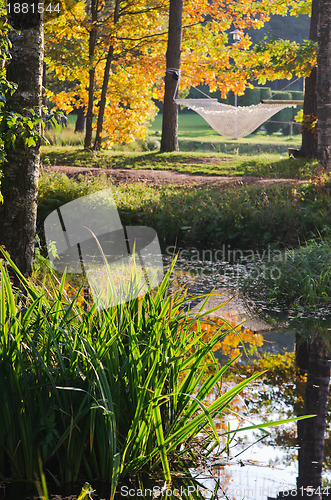 Image of A hammock near the pond in autumn Park 